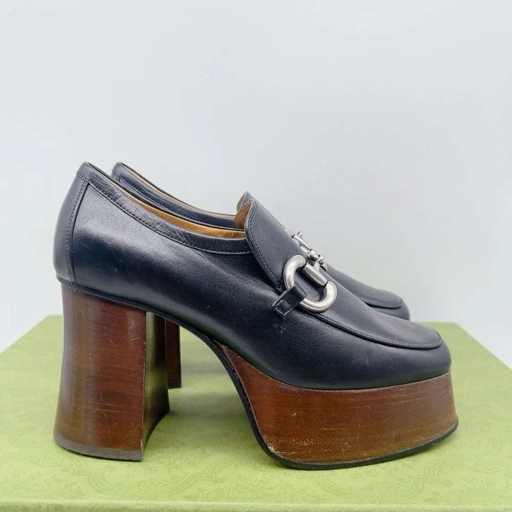 Gucci Horsebit Women's Platform High Heel Pumps Loafers Black Leather EU 36 US 6